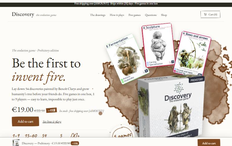 Page d'accueil de la boutique Discovery, jeu de cartes sur l'évolution illustré à l'aquarelle